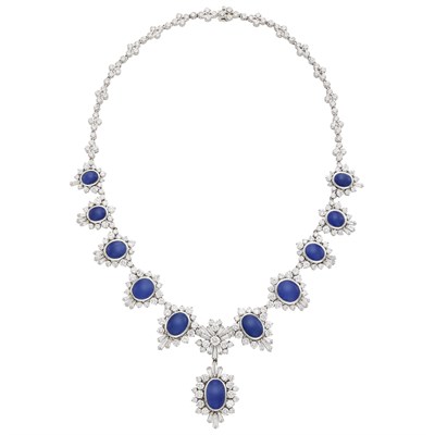 Lot 819 - White Gold, Cabochon Sapphire and Diamond Necklace