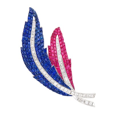 Lot 53 - White Gold, Invisibly-Set Sapphire, Ruby and Diamond Clip-Brooch