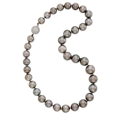 Lot 48 - Tahitian Black Cultured Pearl Necklace with White Gold and Diamond Ball Clasp
