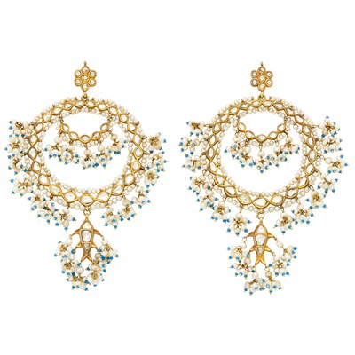 Lot 564 - Pair of Oversized Gold, Freshwater Pearl, Diamond and Turquoise Glass Bead Hoop Pendant-Earrings, by Fred Leighton