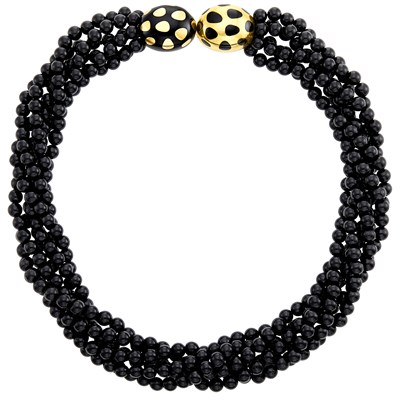 Lot 695 - Multistrand Black Onyx Bead Torsade Necklace with Gold and Black Jade 'Positive Negative' Clasp, Tiffany & Co.