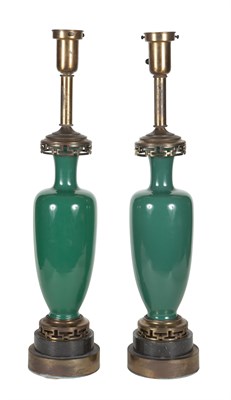 Lot 321 - Pair of Green Jade Colored Glass Urn-Form...