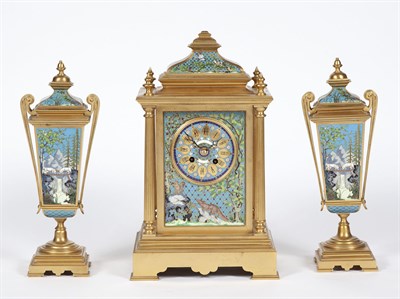 Lot 359 - French Champlevé Enameled Gilt-Bronze Clock...