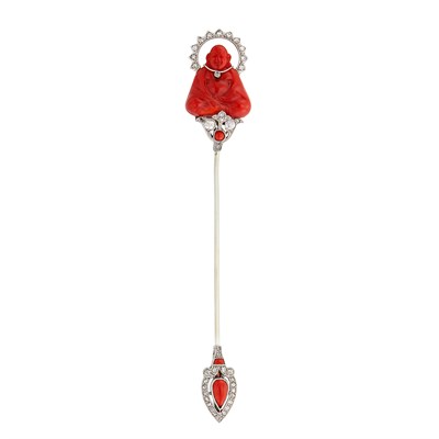 Lot 126 - Ghiso Platinum, White Gold, Coral and Carved Glass Buddha Jabot