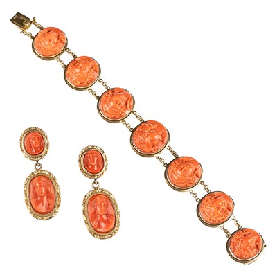 Lot 125 - Antique Double Strand Gold and Coral Cameo Bracelet and Pair of Pendant-Earrings