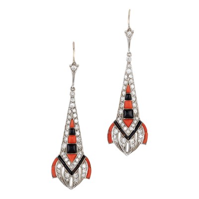 Lot 69 - Pair of Two-Color Gold, Diamond, Coral and Black Onyx Pendant-Earrings