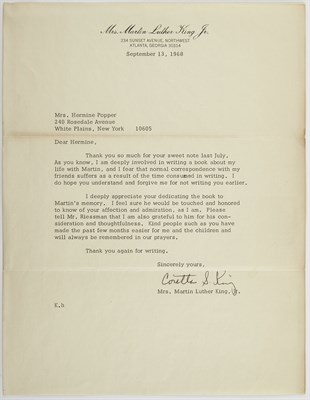 Lot 30 - KING, CORETTA SCOTT Typed letter signed, 1968....