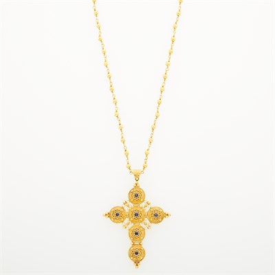 Lot 124 - Gold and Sapphire Cross Necklace with Long Bead Chain Necklace