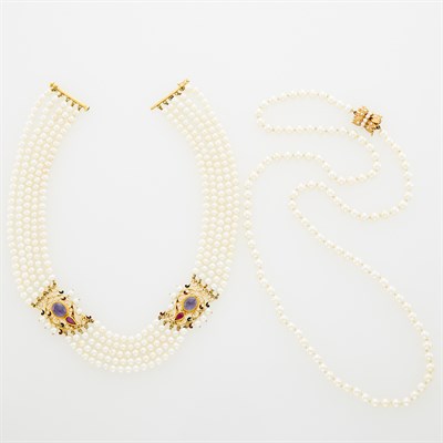 Lot 167 - Five Strand Freshwater Pearl, Gold, Gem-Set and Enamel Necklace and Long Cultured Pearl Necklace