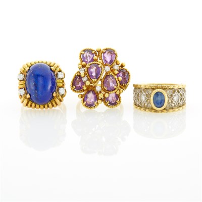 Lot 222 - Three Gold, Lapis, Amethyst, Sapphire and Diamond Rings