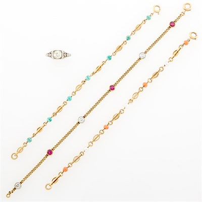 Lot 182 - Three Antique Gold, Platinum, Pearl, Coral and Turquoise  Bead and  Diamond Bracelets and Platinum and Diamond Ring