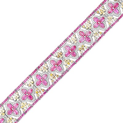 Lot 93 - Silver, Gold, Ruby, Diamond and Colored Diamond Bracelet