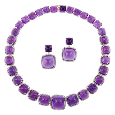 Lot 53 - Gold, Silver, Amethyst and Diamond Necklace and Pair of Pendant-Earrings