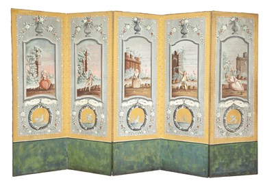 Lot 1164 - Louis XVI Painted Canvas Five-Panel Screen...