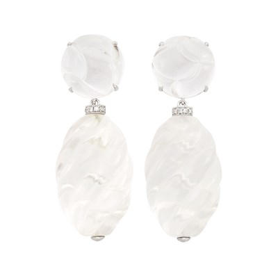 Lot 57 - Pair of White Gold, Fluted Rock Crystal and Diamond Pendant-Earclips