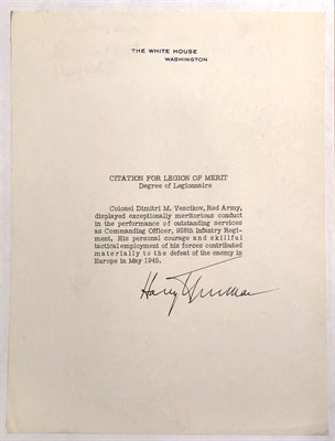 Lot 58 - TRUMAN, HARRY Signed citation for a Soviet...