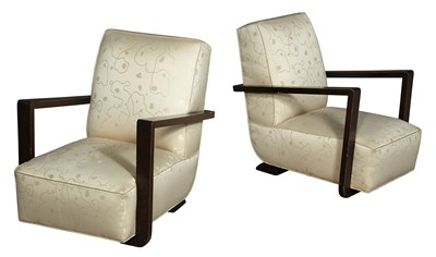 Lot 243 - Pair of Art Deco Upholstered Walnut Stained...