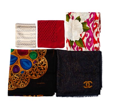 Lot 634 - Five Silk and Cashmere Chanel Scarves