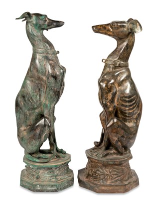 Lot 303 - Two Similar Patinated Metal Seated Whippets...