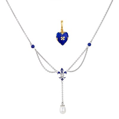 Lot 87 - Fabergé 21st Century Gold and Enamel Heart Pendant and White Gold, Enamel, Cultured Pearl and Diamond Fleur-De-Lys Necklace