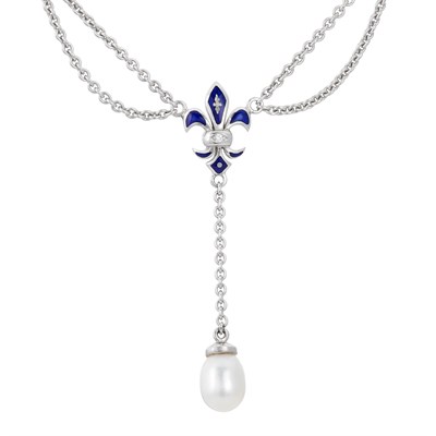 Lot 87 - Fabergé 21st Century Gold and Enamel Heart Pendant and White Gold, Enamel, Cultured Pearl and Diamond Fleur-De-Lys Necklace