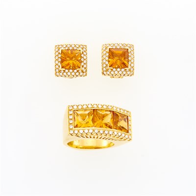 Lot 21 - Pair of Gold, Citrine and Diamond Earrings and Ring