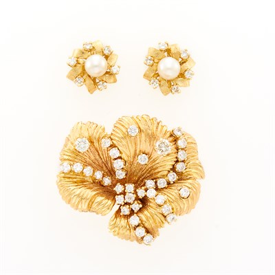 Lot 45 - Gold and Diamond Flower Brooch and Pair of Gold, Cultured Pearl and Diamond Flower Earrings