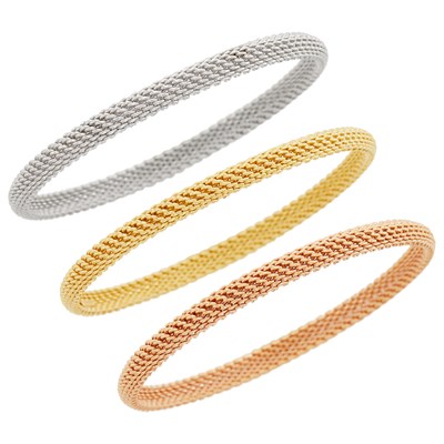 Lot 104 - Tiffany & Co. Three Yellow, White and Rose Gold Mesh Bangle Bracelets