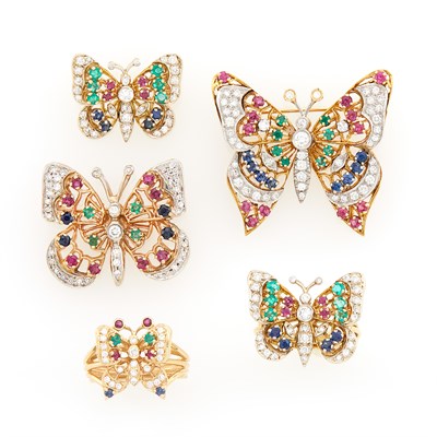 Lot 1059 - Three Two-Color Gold, Gem-Set and Diamond Butterfly Pins and Two Rings