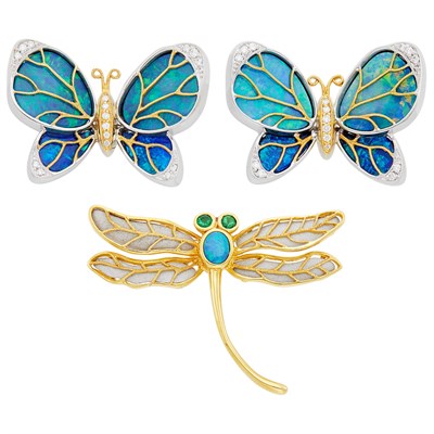 Lot 194 - Two Two-Color Gold, Opal and Diamond Butterfly Pendant-Pins and Dragonfly Pendant-Pin