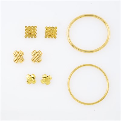 Lot 231 - Pair of Gold Bangle Bracelets and Three Pairs of Earclips