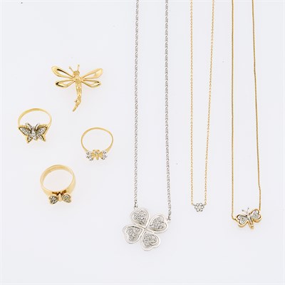 Lot 198 - Group of Yellow and White Gold and Diamond Butterfly and Flower Jewelry