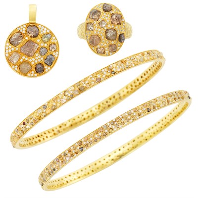 Lot 40 - Pair of Gold, Rough Diamond and Diamond Bangle Bracelets, Ring and Pendant