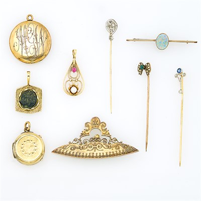 Lot 146 - Group of Gold, Low Karat Gold, Platinum, Metal, Diamond and Gem-Set Pendants, Lockets, Pin and Three Stick Pins