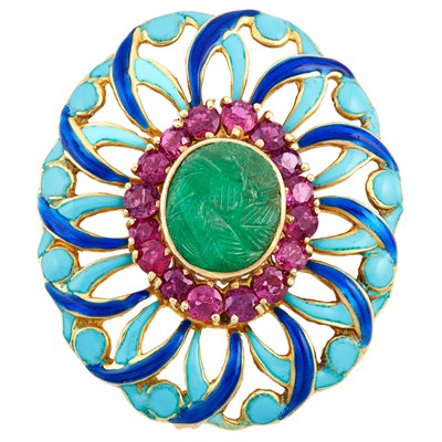 Lot 256 - Gold, Carved Emerald, Garnet and Enamel Clip-Brooch