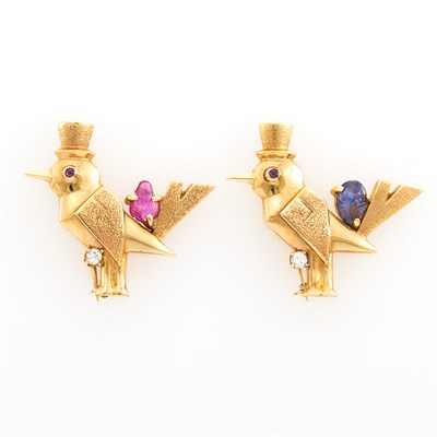 Lot 1075 - Pair of Gold, Ruby, Sapphire and Diamond Tuxedo and Top Hat Bird Pins