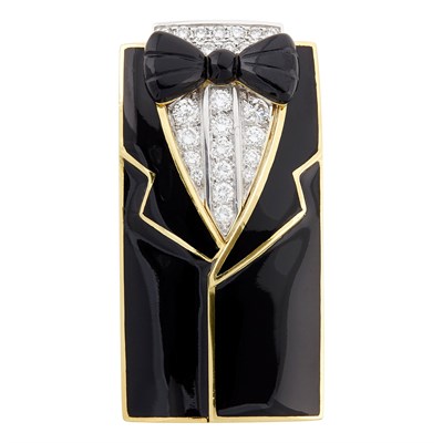 Lot 1035 - Matchpoint Two-Color Gold, Black Enamel and Diamond Tuxedo Clip-Brooch