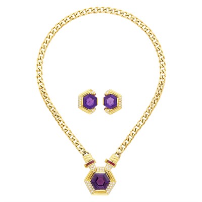 Lot 170 - Gold, Amethyst, Diamond and Ruby Curb Link Necklace and Pair of  Earrings