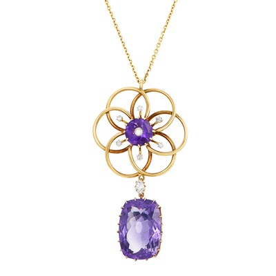 Lot 52 - Antique Low Karat Gold, Gilt-Silver, Amethyst and Diamond Pendant with Chain Necklace