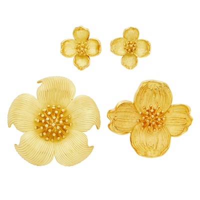 Lot 1 - Tiffany & Co. Two Gold Flower Brooches and Pair of Earclips