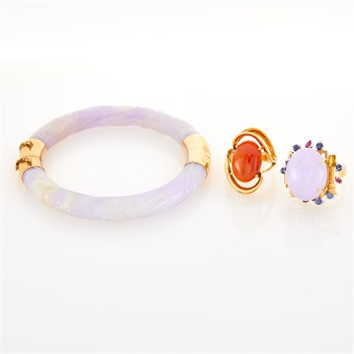 Lot 75 - Gold and Lavender Jade Bangle Bracelet and Ring and Orange Jade Ring