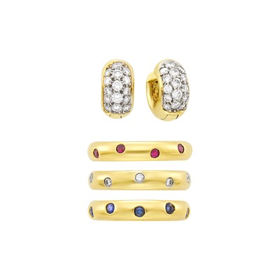 Lot 11 - Tiffany & Co. Three Gold, Diamond, Ruby and Sapphire Etoilé Band Rings and Pair of Gold and Diamond Huggie Earrings