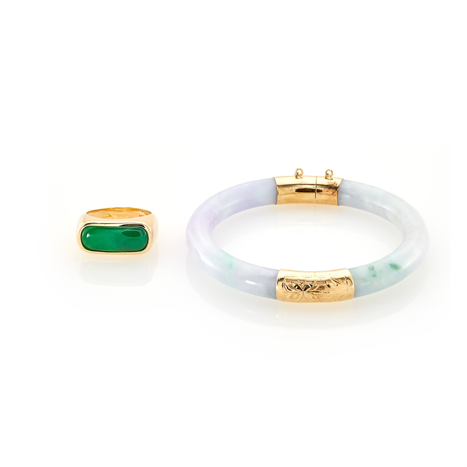 Lot 1189 - Gold and Jade Ring and Jade Bangle Bracelet