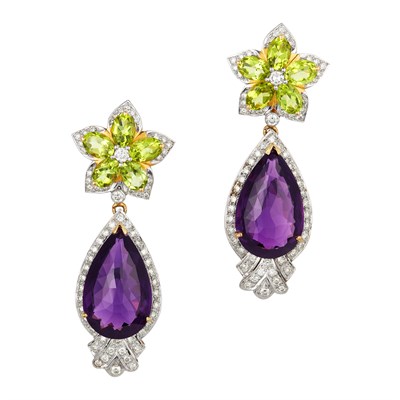 Lot 54 - Pair of Two-Color Gold, Amethyst, Peridot and Diamond Pendant-Earrings