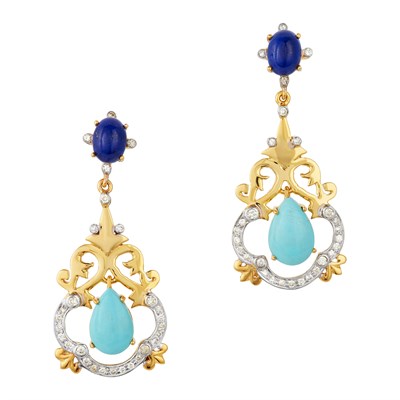 Lot 7 - Pair of Two-Color Gold, Turquoise, Lapis and Diamond Pendant-Earrings