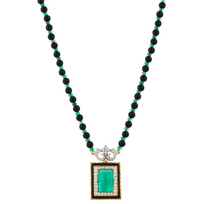 Lot 24 - Two-Color Gold, Black Onyx and Emerald Bead, Diamond, Emerald, Diamond and Black Enamel Pendant-Necklace