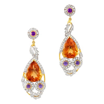 Lot 100 - Pair of Two-Color Gold, Citrine, Diamond and Amethyst Pendant-Earrings
