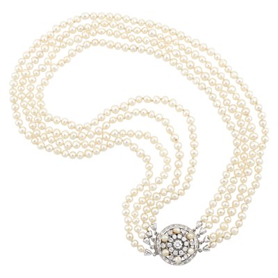 Lot 68 - Four Strand Natural Pearl Necklace with White Gold, Diamond and Pearl Clasp