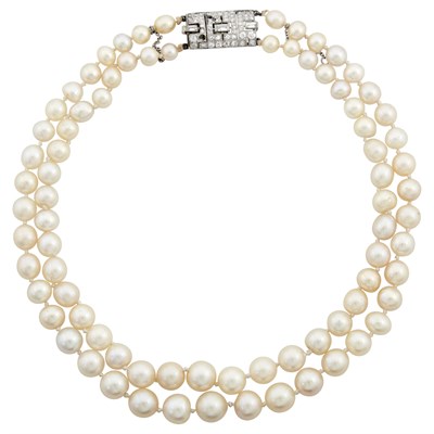 Lot 168 - Double Strand Cultured Pearl Necklace with Platinum and Diamond Clasp