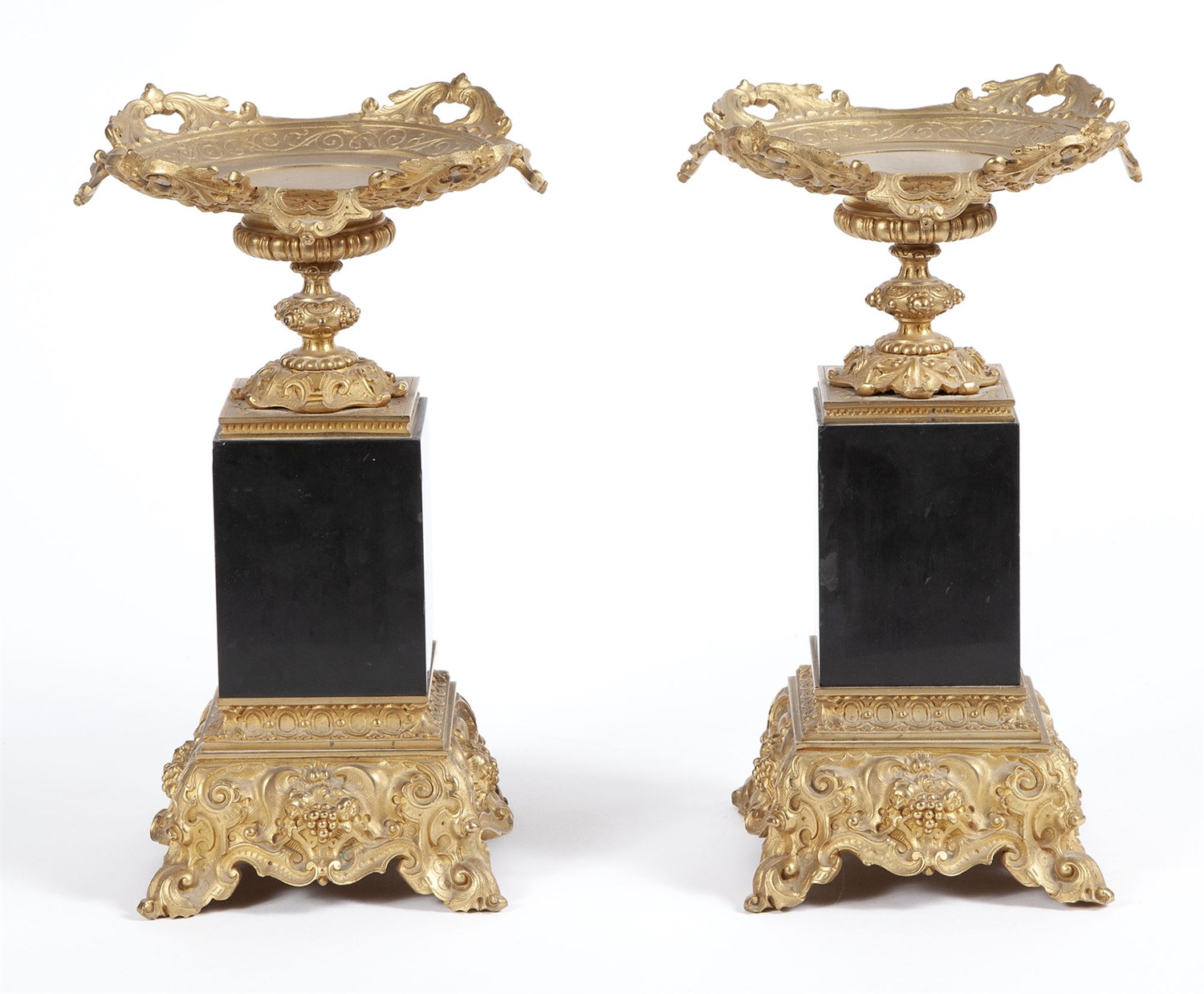 Lot 257 - Pair of Napoleon III Gilt-Bronze and Black Marble Garniture Compotes